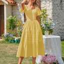 MEROKEETY Women's 2026 Summer Flowy Midi Maxi Dress Short Sleeve Square Neck Smocked Tiered Ruffle Boho Dresses with Pockets (Yellow, S)