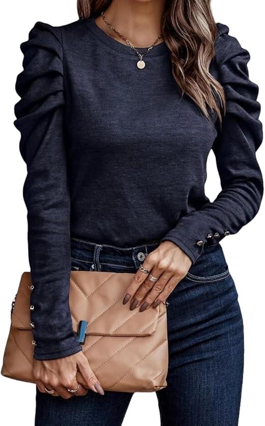 HANDAFA Puffy Long Sleeve Shirt Top for Women Solid Crewneck Blouse Shirt Slim Dressy Shirt(Navy,M)