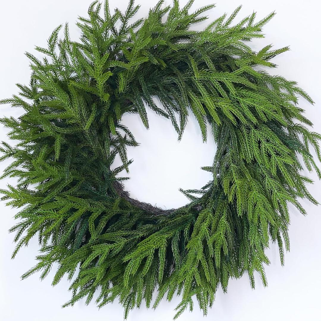 24" Real Touch Norfolk Pine Wreath for Front Door, Artificial Christmas Wreaths Faux Pine Needles Green Fake Wreath for Walls Windows Porches Farmhouse Indoor Outdoor Home Decor
