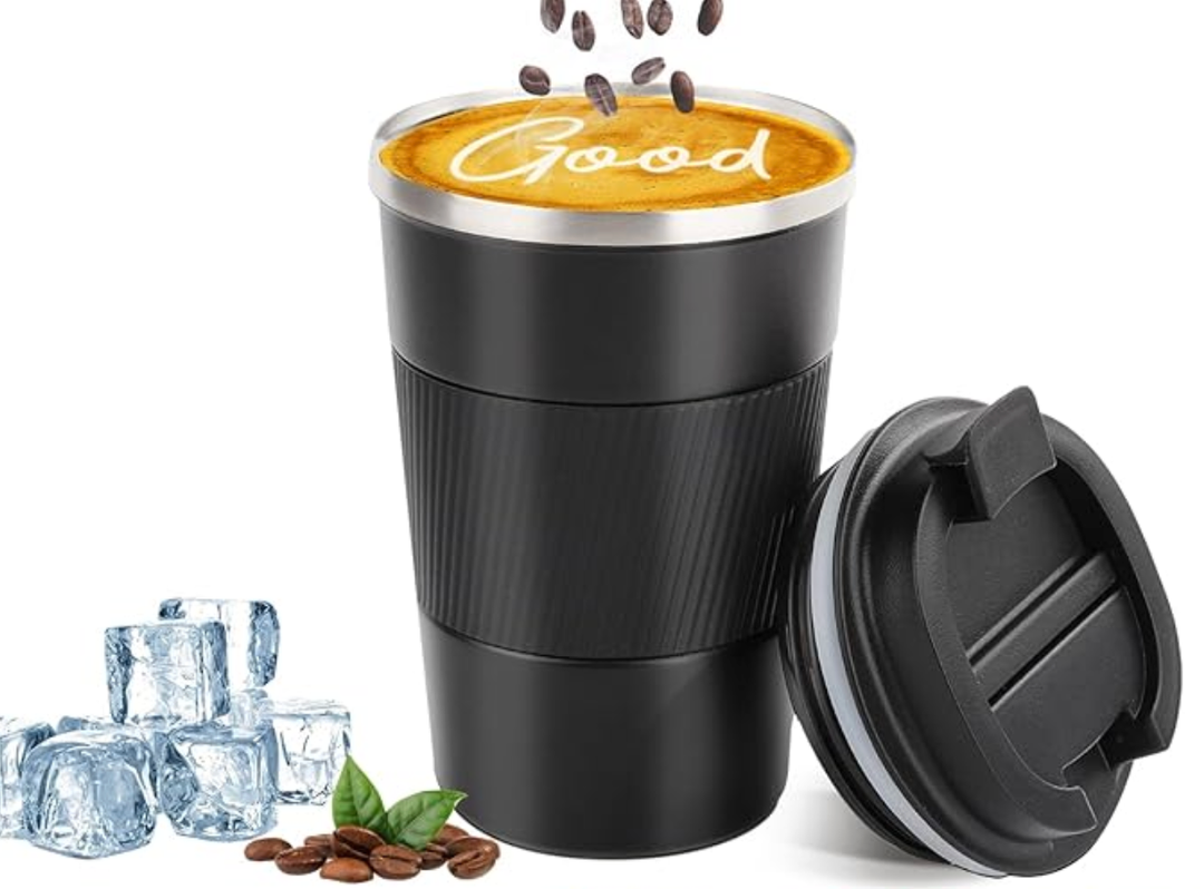 YINBAOGE Insulated Travel Coffee Mug, Spill & Leak Proof, Portable To Go Camping Stainless Steel Coffee Tumbler, Reusable Thermal Coffee Cup with Lid for Hot & Cold Drinks (Black, 12 OZ)
