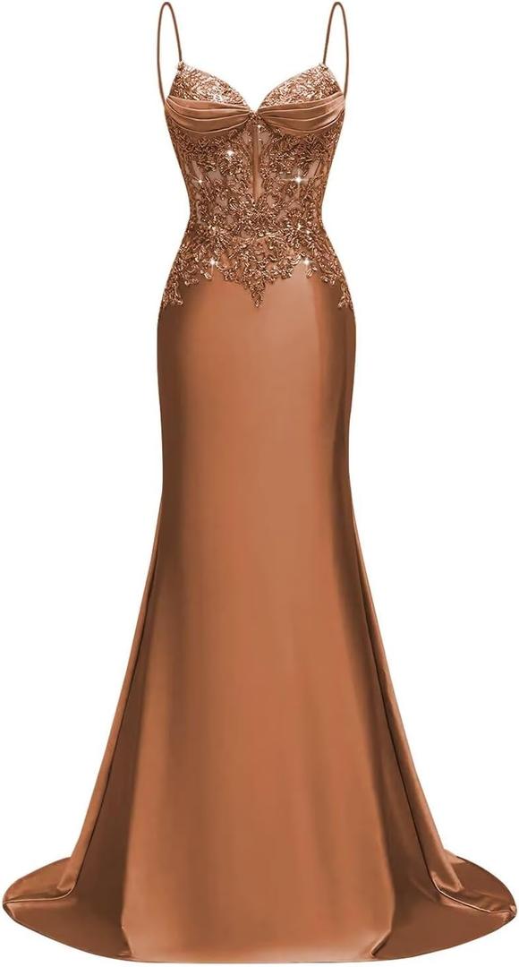 Silk Beaded Prom Dresses Long for Women Mermaid Formal Dresses Spaghetti Straps Evening Party Gowns (2, Brown)