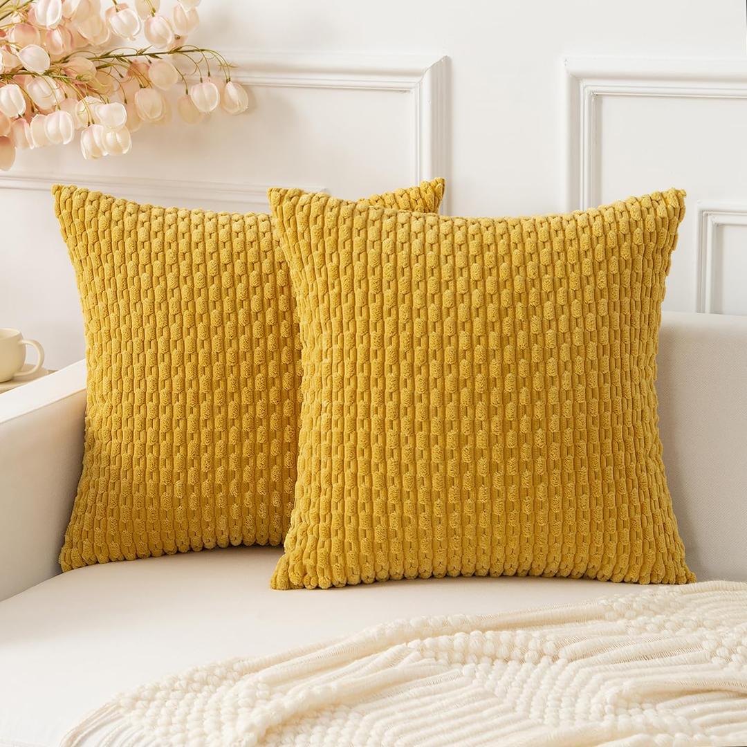 Kevin Textile Throw Pillow Covers Soft Corduroy Decorative Set of 2 Boho Striped Pillow Covers Pillowcases Farmhouse Home Decor for Couch Bed Sofa Living Room 20x20 Inch Mustard Yellow