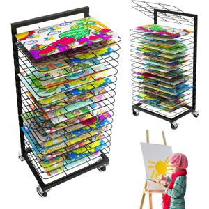 Art Drying Rack for Painting 18 Removable Shelves(A3) Metal,Mobile Lockable Wheels Art Drying Rack for Classroom/Preschool,Watercolor Painting/Paper/Artwork/Studios/Schools(Black)