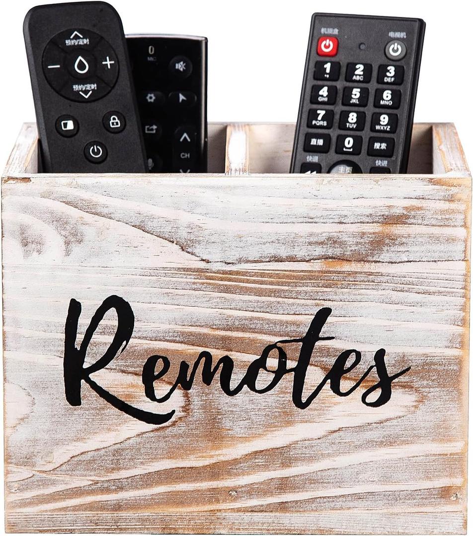 Rustic Two Slot Whitewashed Wood Remote Control Holder Tabletop Organizer Desk Wooden Storage Box Supplies Caddy Game Console Controller Multiple Media Mobile Phone Living Room Home Office