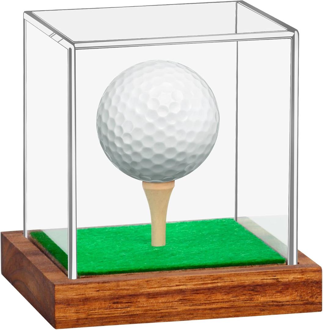 Hooqict Golf Ball Display Case Clear Acrylic Golf Ball Memorabilia Display Case with Wood Base and Grass Pad Ball Holder Stand Display Cube Single Golf Collection Box