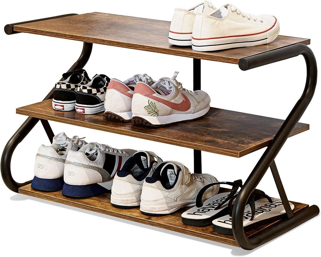 3-Tier Shoe Rack, Wooden Shoe Storage with S Shape Heavy Duty Metal Free Standing, Shoe Organizer Shelf for Entryway, Living Room, Closet, Bedroom (Rustic) (11.81 x 25.78 x 15.86 Inches)