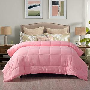 EVOLIVE All Season Pre Washed Soft Microfiber White Goose Down Alternative Comforter with Box Stitching (Pink, Full/Queen)