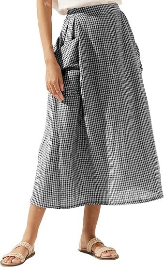 MISSACTIVER Plaid Skirts for Women Elastic Waist Midi Skirt with Pockets Vintage Flowy Gingham Long Skirt, Size: Large