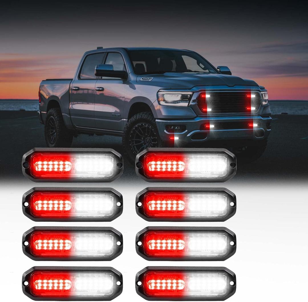 WINECO 12 Led POV Emergency Fire Strobe Lights, Red White Firefighter Surface Mount Grille Grill Warning Flashing Light Caution Construction Hazard Light Bar for Trucks Vehicles