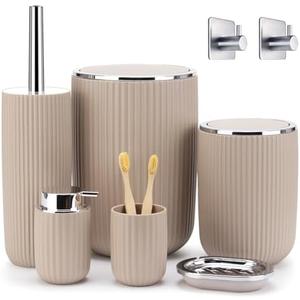 Boperzi Bathroom Accessory Set 8 PC: Bathroom Accessories Set with Trash Can, Lotion Dispenser, Soap Dish, Toothbrush Cup,Toilet Brush, Adhesive Hooks - Bathroom Decor Kit, Beige Bathroom Set Complete