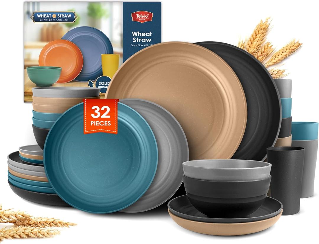 Teivio 32-Piece Kitchen Plastic Wheat Straw Dinnerware Set, Service for 8, Dinner Plates, Dessert Plate, Cereal Bowls, Cups, Unbreakable Colorful Plastic Outdoor Camping Dishes, Cerulean Hues