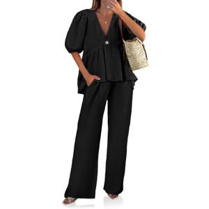 Tankaneo Womens 2 Piece Linen Sets Summer Vacation Outfits V Neck Puff Sleeve Babydoll Tops Wide Leg Pants Matching Sets (Black, XL)