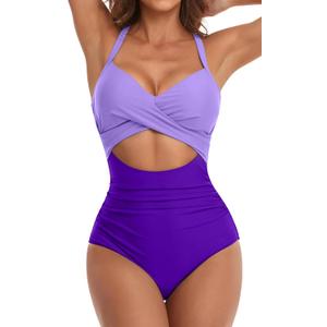 Eomenie Women's One Piece Swimsuits Tummy Control Cutout High Waisted Bathing Suit Wrap Tie Back 1 Piece Swimsuit (X-Small, Purple Color Block)