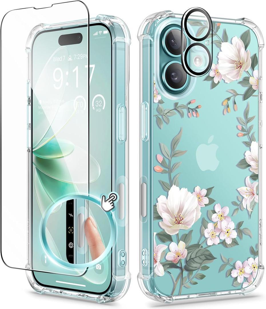 GVIEWIN for iPhone 16 Case, with Screen Protector & Camera Lens Protector, Floral Shockproof Protective Bumper Slim Soft Clear Phone Cover for Women 2024 6.1" (Magnolia/White)