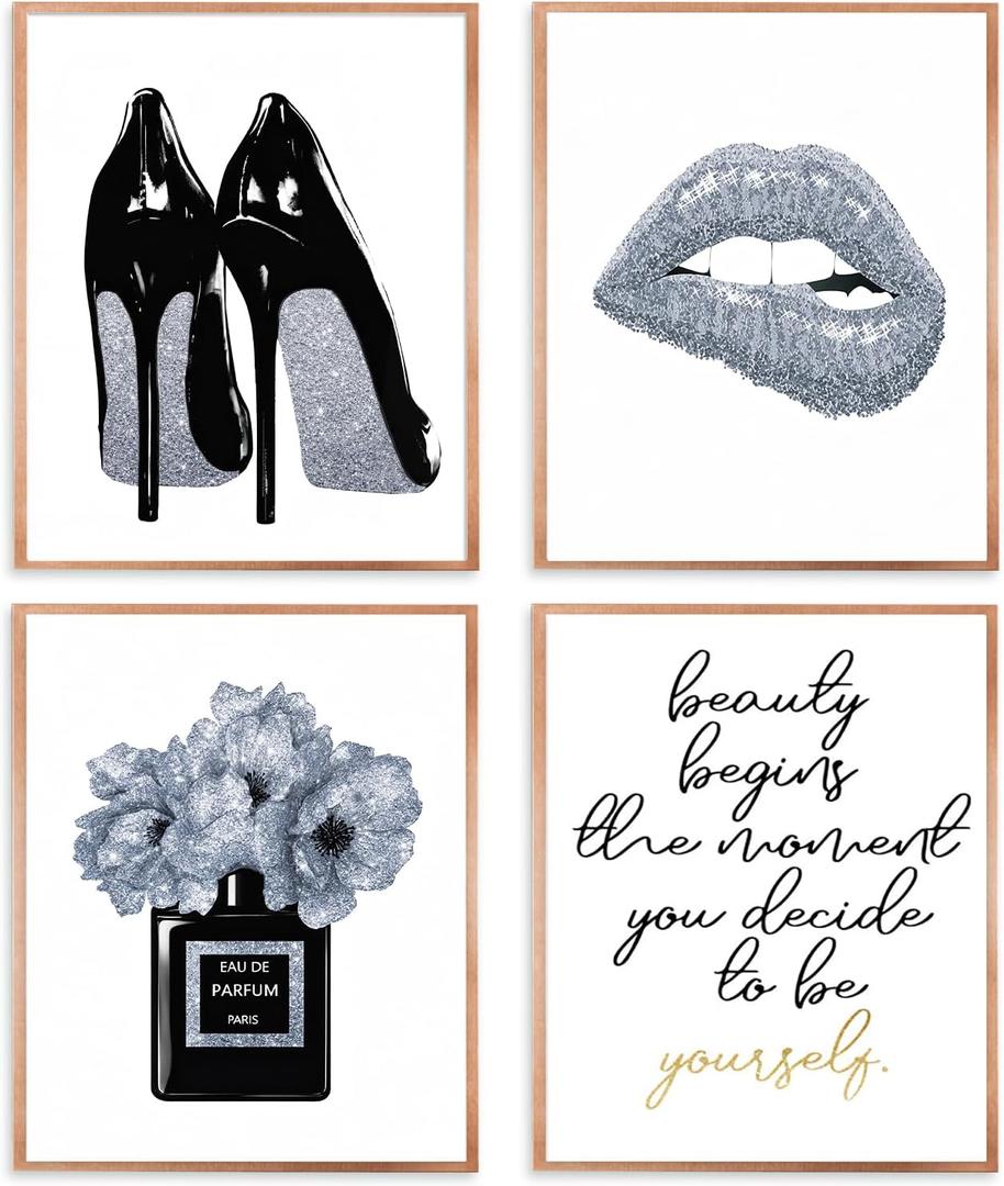 Qabliqo Silver and Black Bathroom Decor Wall Art Prints Set of 4, Silver Fashion Wall Art, Inspirational Women Wall Art Decor for Girls Women Bedroom Bathroom Beauty Room, 8x10 Inches Unframed