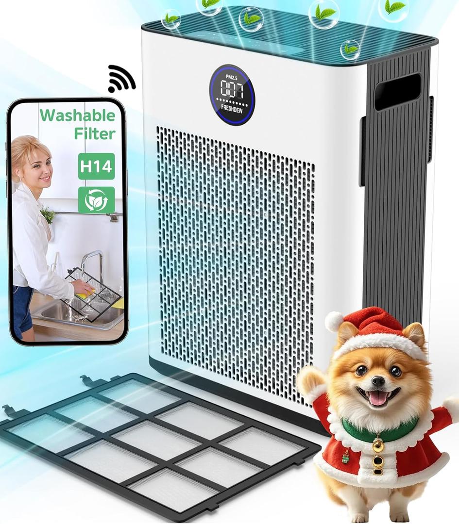 FRESHDEW Air Purifier for Home Up to 2300ft With H14 True HEPA Smart WiFi Control & Double-Sided Intake | 22dB Ultra Quiet for Bedroom/Pet Homes | Removes Smoke, Odors, Pollen, Dust, Dander