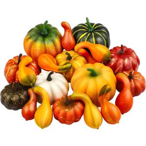 Elcoho 20 Pieces Realistic Artificial Pumpkins Fall Harvest Lifelike Pumpkins and Gourds Set for Fall Halloween Thanksgiving Tabletop Decoration, Assorted Sizes and Styles