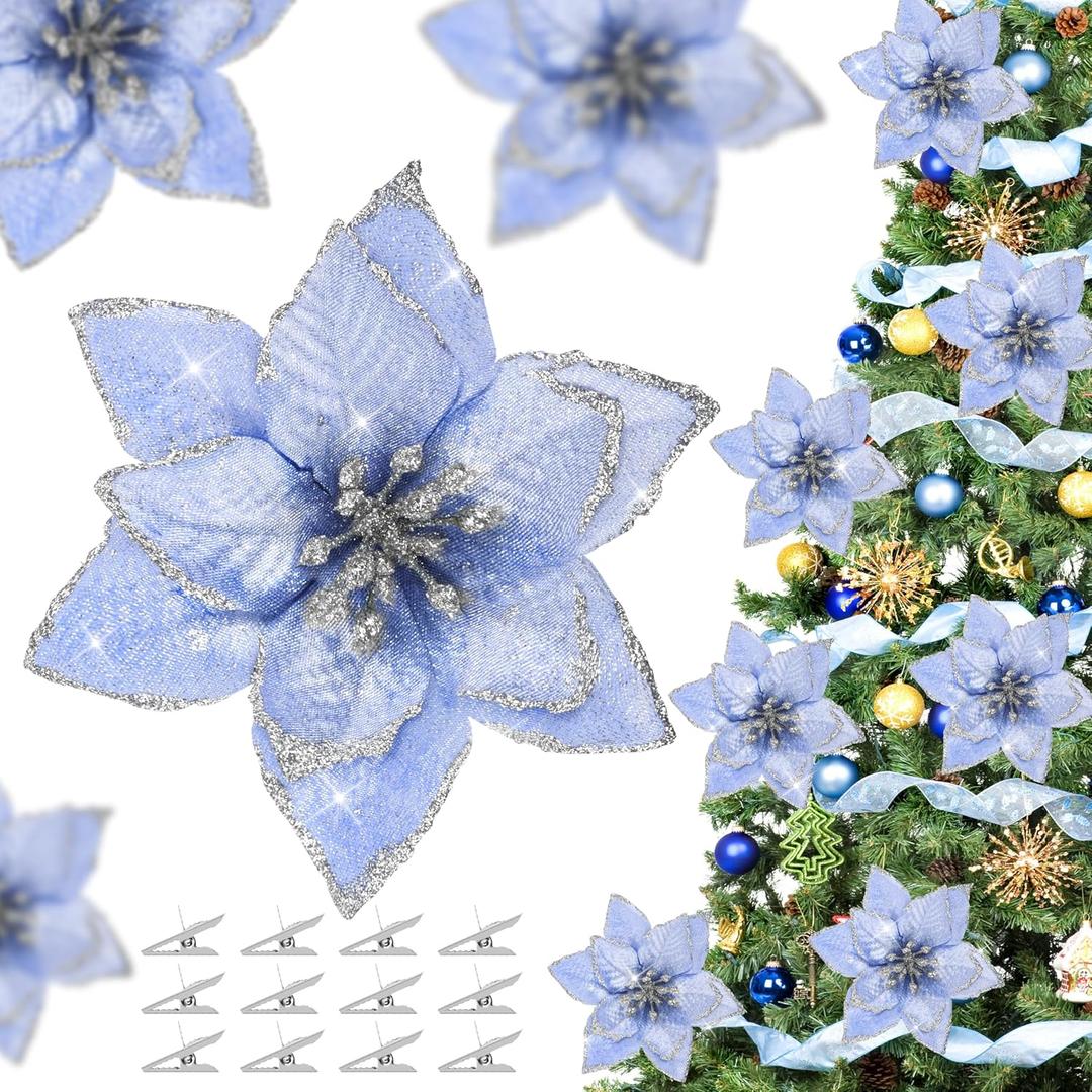 OCTERIC 36 Pcs Christmas Glitter Poinsettia Flowers Artificial Flower Ornaments Fake Flower Decorations Glitzy Poinsettia with Clips for Xmas Tree Wreaths Holiday Home Party Decor(Blue) (5.1inch)