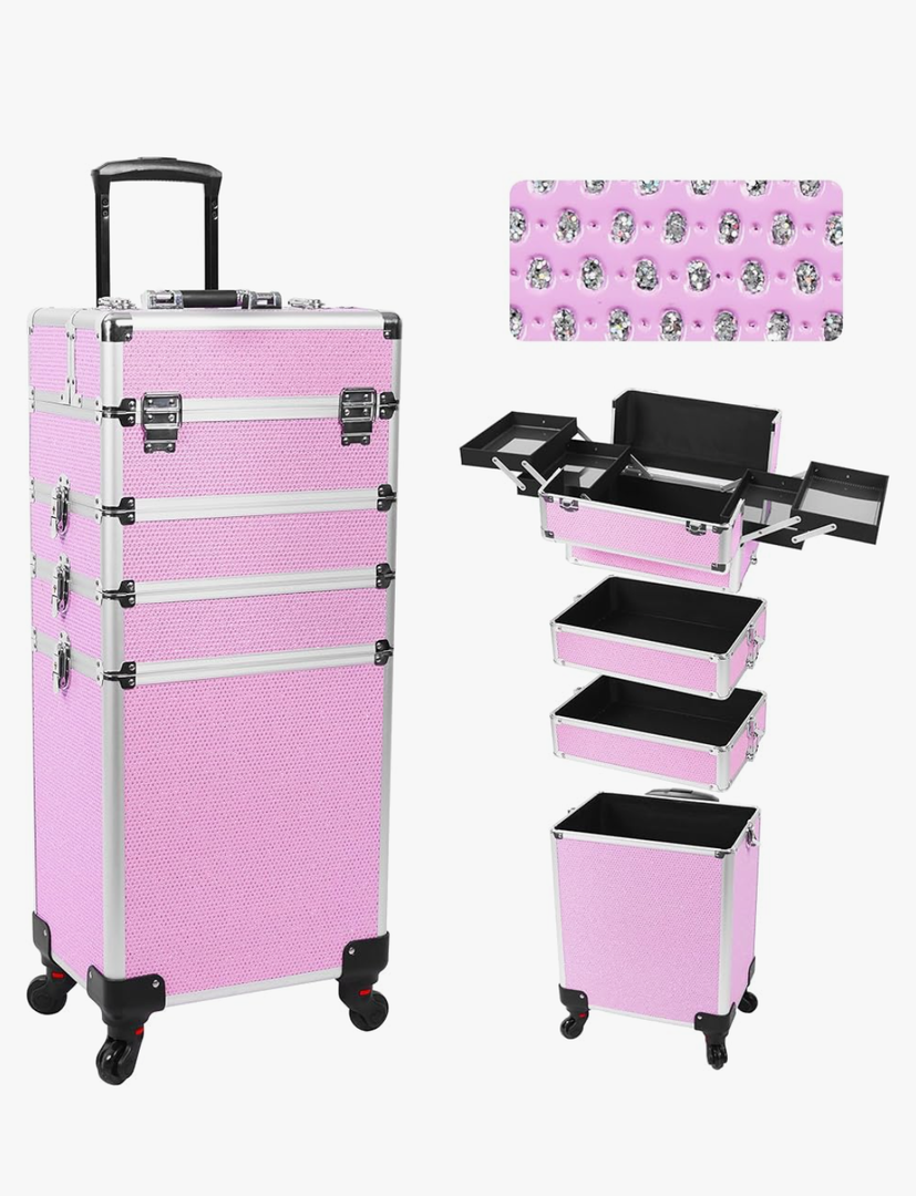Professional Rolling Makeup Case with Wheels, 5-in-1 Makeup Train Case, Cosmetic Makeup Trolley Cart Travel Cosmetology Case On Wheels with Key for Hairstylists, Nail Tech (Pink Crystal)