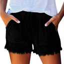 Black Elastic Waistband Denim Shorts Fringed Bottom, Large
