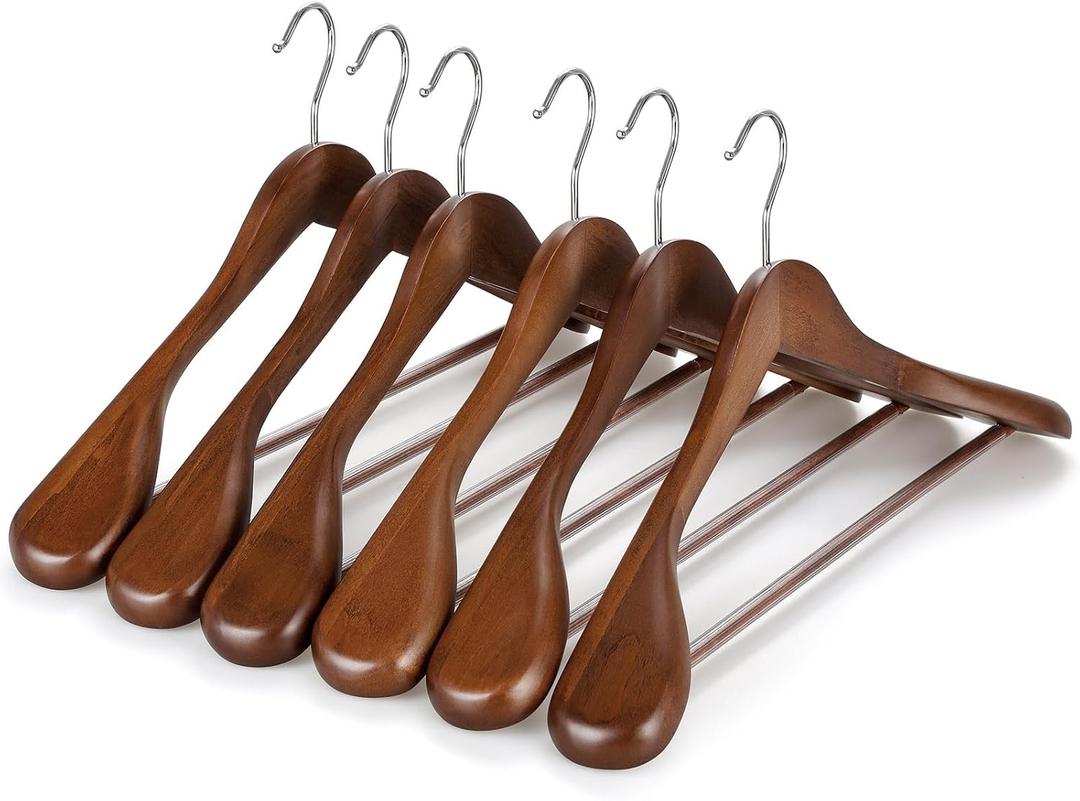 TOPIA HANGER Wide Shoulder Wooden Hangers, Suit Hangers with Non Slip Pants Bar & 360 Swivel Hook, Solid Wood Heavy Duty Coat Hanger, 6 Pack (Walnut)-CT02WA