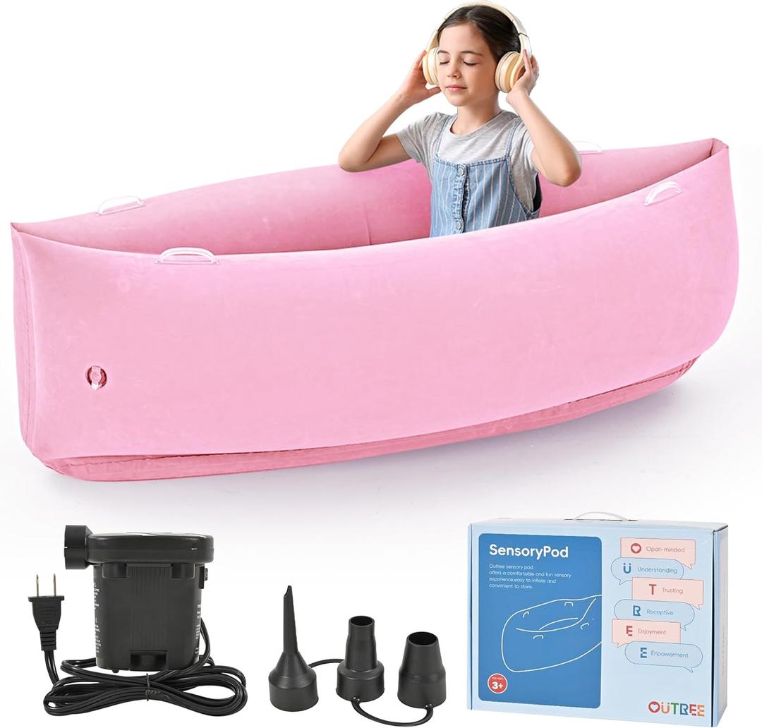 OUTREE Upgraded Sensory Chair for Kids  60" Sensory Pod Inflatable Peapod for Children, Includes Electric Air Pump,Sensory Toys Giftfor Kids with Autism,Pink