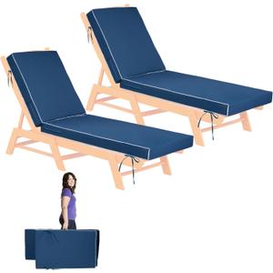 72 x21 x4 Inch Chaise Lounge Cushions Outdoor, 6 Ties and 2 Handles, Removable Waterproof Fade Cover, Patio Lounge Chair Cushion for Outdoor Lawn Deck Pool Furniture,2Pcs, Blue White Piping