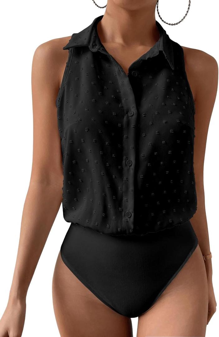 MakeMeChic Women's Dressy Bodysuit Shirt Collared Swiss Dots Sleeveless Button Down Tank Tops Black Small MakeMeChic Women's Dressy Bodysuit Shirt Collared Swiss Dots Sleeveless Button Down Tank Tops Black Small