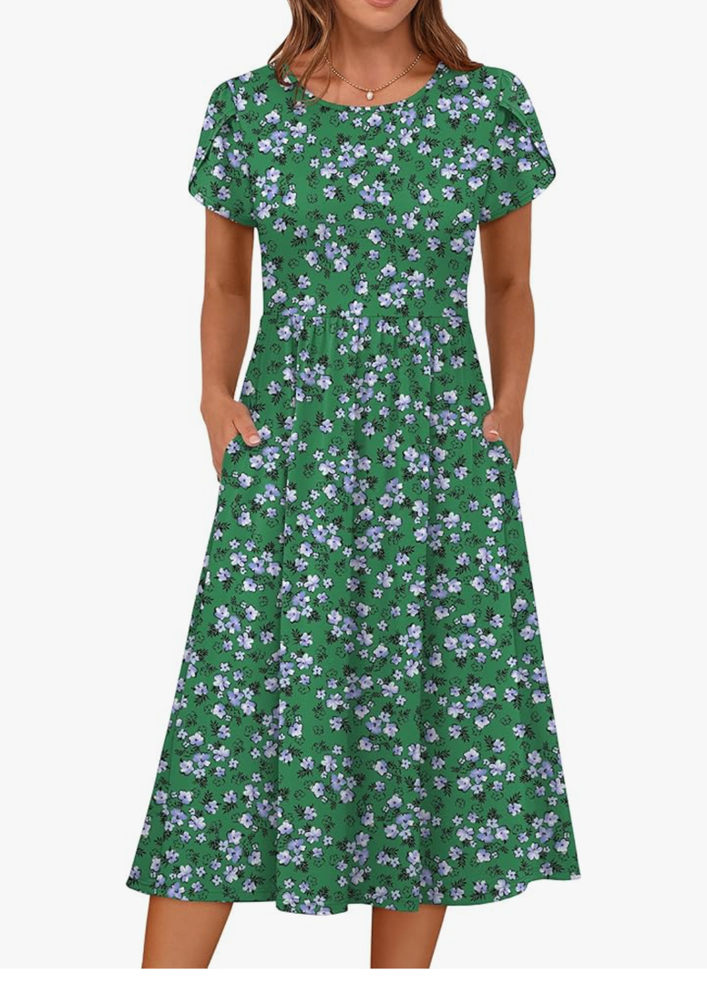 ANRABESS Women's Summer Short Sleeve A-Line Midi Dresses Casual Floral T-Shirt Dresses Flowy Beach Sundress with Pockets. Size M