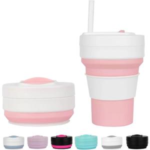 12 OZ Collapsible Travel Cup with Lid, Silicone Foldable Drinking Cup for Camping Hiking,Portable Silicone Water Bottle for Hot and Cold Beverages with Straw- Pink & White