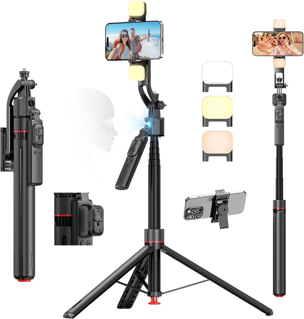 Auto Face Tracking Phone Tripod One-Touch Open 69.3" Selfie Stick 360 Rotatable Tripod for iPhone with Fill Light & Remote Extendable Stand for Vlogging Live Streaming Video Recording Content Creator (Black)