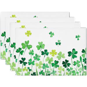 St. Patrick's Day Placemats Set of 4 Farmhouse Table Decor Green Shamrocks Place Mats 12 x 18 Inch Waterproof Lucky Clover Leaves Heat Resistant Linen St. Patrick's Table Mats for Home Kitchen Dining