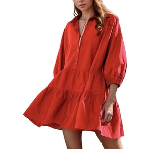 HangNiFang Women's Summer Babydoll Mini Dress Flowy Puff Sleeve Tiered Button Down Oversized Tunic Dress with Pockets