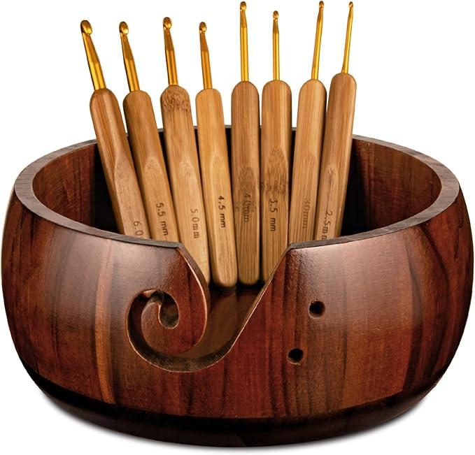 Wooden Yarn Bowl Holder, Craft Knitting Bowl with 8pcs Metal Crochet Hooks, 7.9''Large Yarn Holder Dispenser Yarn Storage Bowls, for Knitters & Crocheters (Brown 7.9 inch)