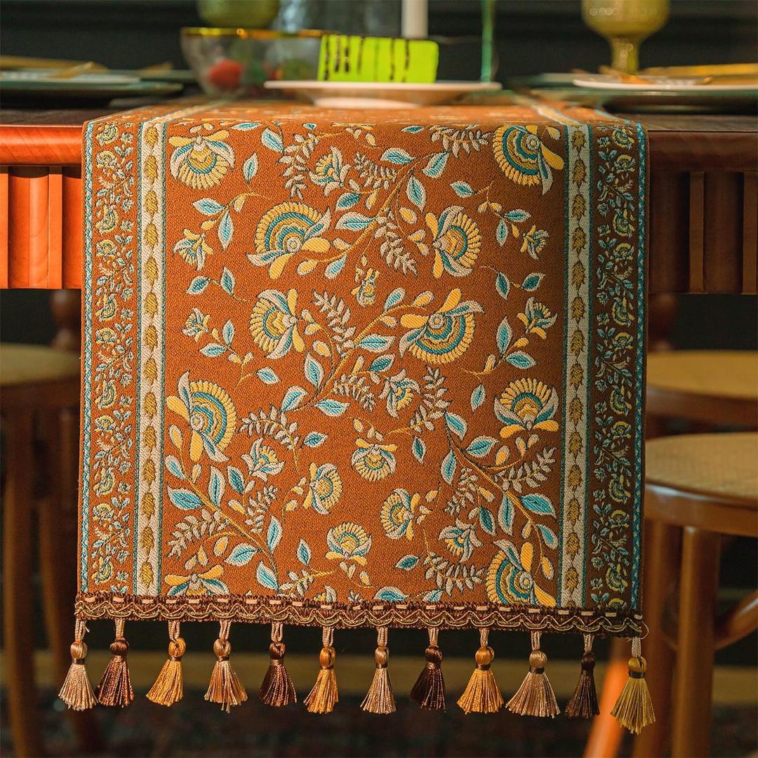 1372 Inch Table Runner, Retro-Luxury Tassels Series for Kitchen Dining Table Holiday Decoration (Coffee Branch)