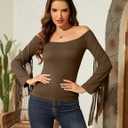 Fringe Tops for Women Western Cowgirl Off The Shoulder Fall Long Sleeve with Tassels Stretchy Crop Shirts Blouses (Brown, XL)