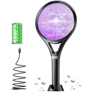 Minimoon Electric Fly Swatter with LED Display, 2000mAh Rechargeable Fly Swatter Racket, 2500V Bug Zapper Racket Dual Modes, Mosquito Killer Lamp with 3 Layers Safety Mesh for Indoor Outdoor Camping