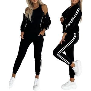 CHICME Women's Three Piece Outfits Striped Tape Patch Tank Tops Bomber Jacket with Sporty Pants Tracksuit Lounge Sets (X-Large, Black)