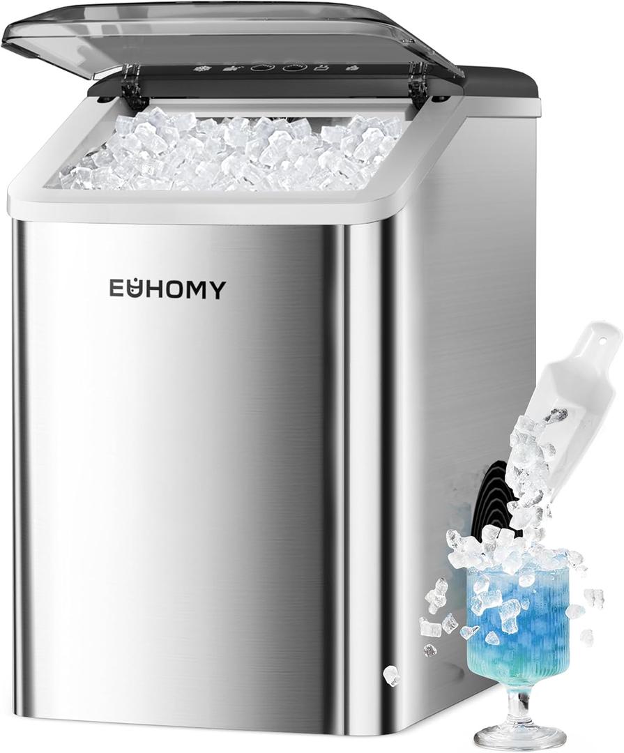 EUHOMY Nugget Ice Maker Countertop, Max 40lbs/Day, Auto-Cleaning, 2Qt Reservoir, Compact Sonic Ice Maker with 2.5lbs Basket and Scoop, Soft Chewable Nugget Ice for Home/Party/RV/Camping (Stainless)