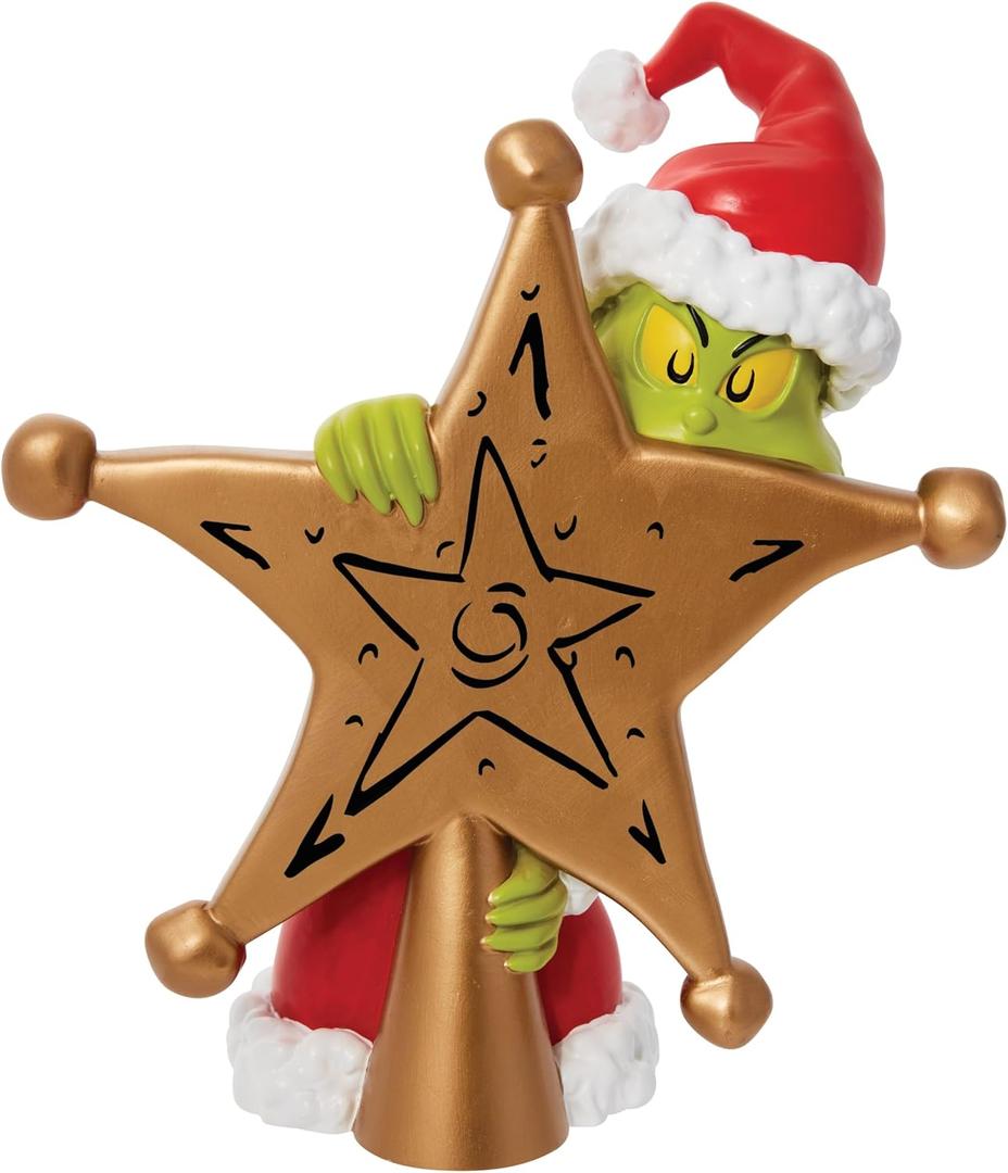 Department 56 Dr. Seuss Grinch Hiding Behind Star Sculpted Christmas Tree Topper, 8.5 Inch, Multicolor