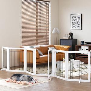 PAWLAND 144-inch Extra Wide 30-inches Tall Dog gate with Door Walk Through, Freestanding Wire Pet Gate for The House, Doorway, Stairs, Pet Puppy Safety Fence, Support Feet Included, White,6 Panels (6 Panels with Door144"W x 32"H)