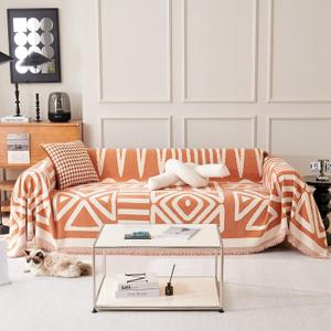 VClife Bohemian Sofa Cover Throw Cover Blanket for Couch, Soft Fabric Cotton Couch Cover for 3 Cushion Couch Sofa, L Shape Couch Covers for Dog, Reversible Caramel White Checkered Plaid Slip Cover (91" X 134", 02 Boho Caramel)