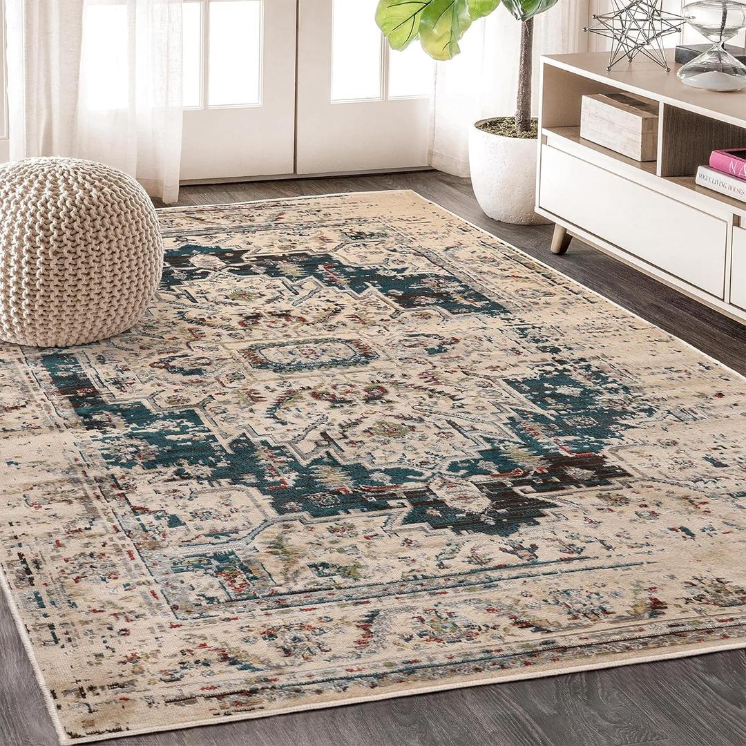 SUPERIOR Indoor Large Area Rug, Modern Farmhouse Medallion Decor for Living/Dining Room, Office, Bedroom, Entryway, Kitchen, Home Floor Throw, Jute Backed Rugs, Marquis Collection, 8' x 10', Teal