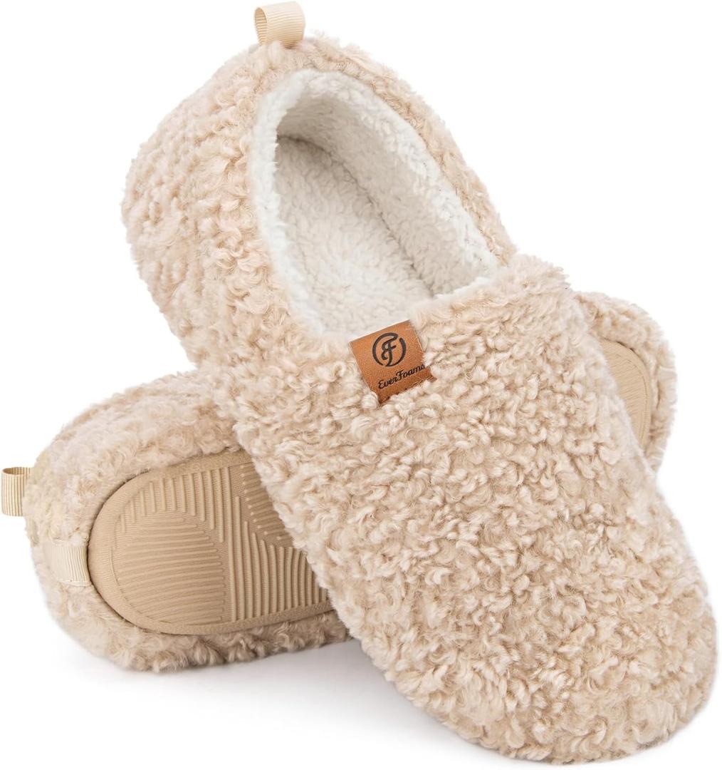 EverFoams Womens Soft Curly Full Slippers Memory Foam Lightweight House Shoes Cozy Loafer with Polar Fleece Lining (8.5, Khaki)