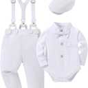 Baby Boy Clothes Suits 24M Infant Gentleman Outfit Long Sleeve Dress Shirt+Suspender Pants+Bowtie+Beret Wedding Set, Size 24M