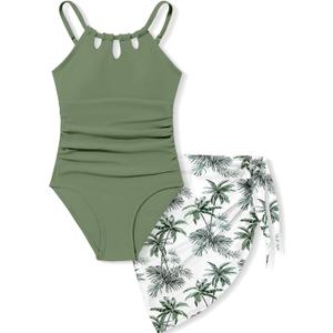 KANGKANG Girls Swimsuit Quick Dry Cut Out One Piece Swimsuits with Tropical Print Cover Up Skirt Bathing Suit Swimwear 7-18Y (13-14 Years, Olive Green-1)