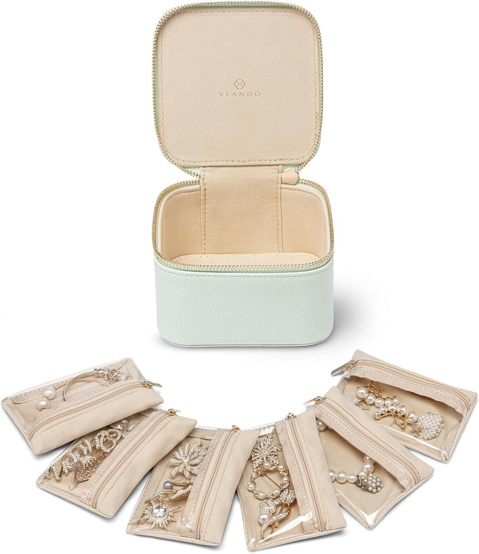 Vlando Travel Jewelry Organizer,Small Jewelry Case Box with 6 Velvet Clear Jewelry Storage Zipper Pockets, Girls Women Gift Ideas for Wedding Party Thanksgiving Christmas-Mint Green