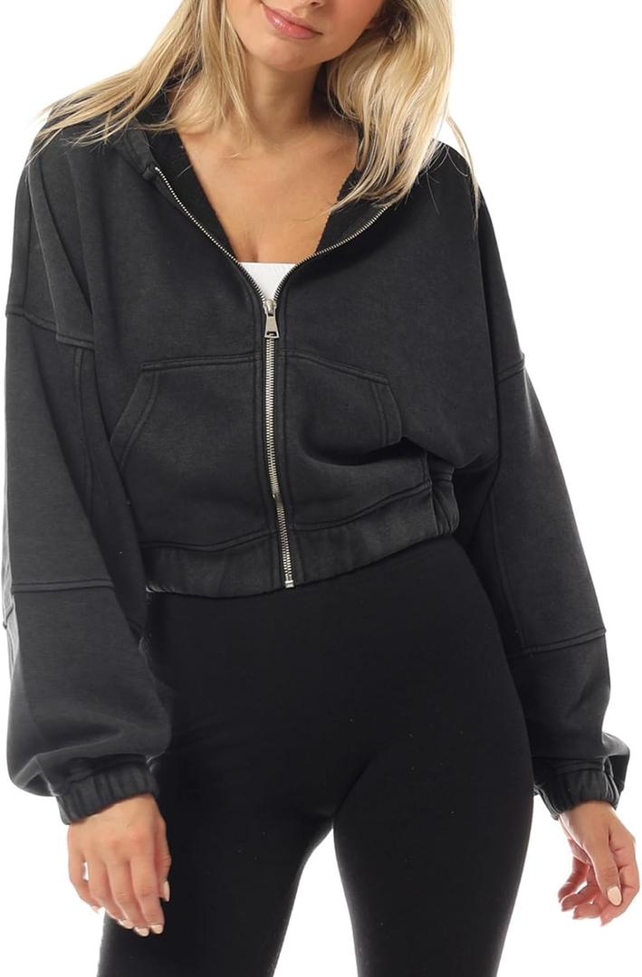 Design by Olivia Women's Zip Up Hoodies Cropped Sweatshirts Fleece Jackets Fall Outfits Casual Hooded Tops Winter Clothes Medium, Black (Vintage Acid Wash)
