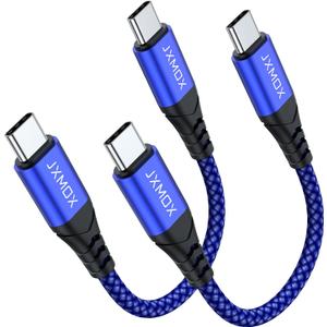 4 x JXMOX Short USB C to USB C Cable 60W, (2 Pack 0.5ft) Type C Fast Charging Cord Charger Cable Compatible with iPhone 16 Pro Max/15 Pro Max, Samsung Galaxy S23 S22+ S21 Ultra, Note 20, iPad Pro (Blue)