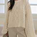 Milumia Women's Chunky Cable Knit Sweater Long Sleeve Crewneck Pullover Tops (Beige, M)